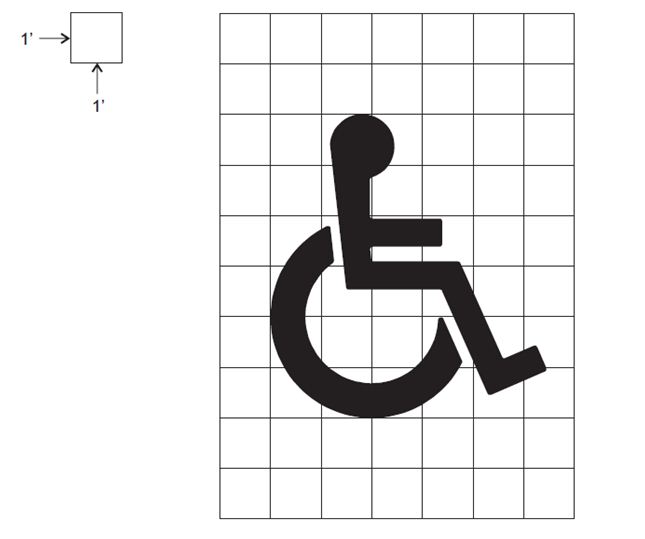 The image shows a black International Symbol of Accessibility (ISA) with a person in a wheelchair, displayed on a rectangular grid composed of 1-foot by 1-foot squares. A reference square at the top left indicates the 1-foot scale.