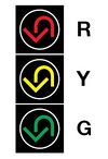 A vertically arranged signal face with three signal indications is shown. Each indication is shown as a vertical arrow that curves to the left and down to form an inverted "U" shape. From top to bottom, the indications are shown with a U-turn red arrow, a U-turn yellow arrow, and a U-turn green arrow.