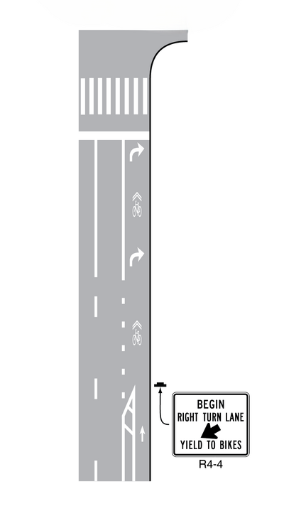A vertical roadway is shown with a right turn lane that is a shared bike lane. The shared lane is identified with two white symbols of a bicycle followed by double chevrons marked on the pavement along with two white directional arrows. Along the roadway is a R4-4 sign.
