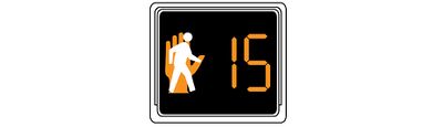 A solid white walking person symbol is shown superimposed on a solid orange upraised hand symbol to the left of the numeral "15" in orange.