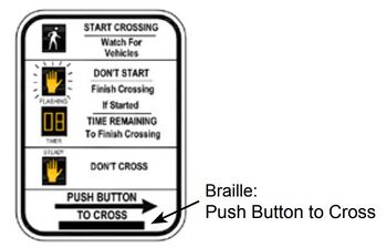 Sign face of an Accessible Pedestrian Signal with a braille legend under the "Push Button to Cross" text. Braille text will read "Push Button to Cross".